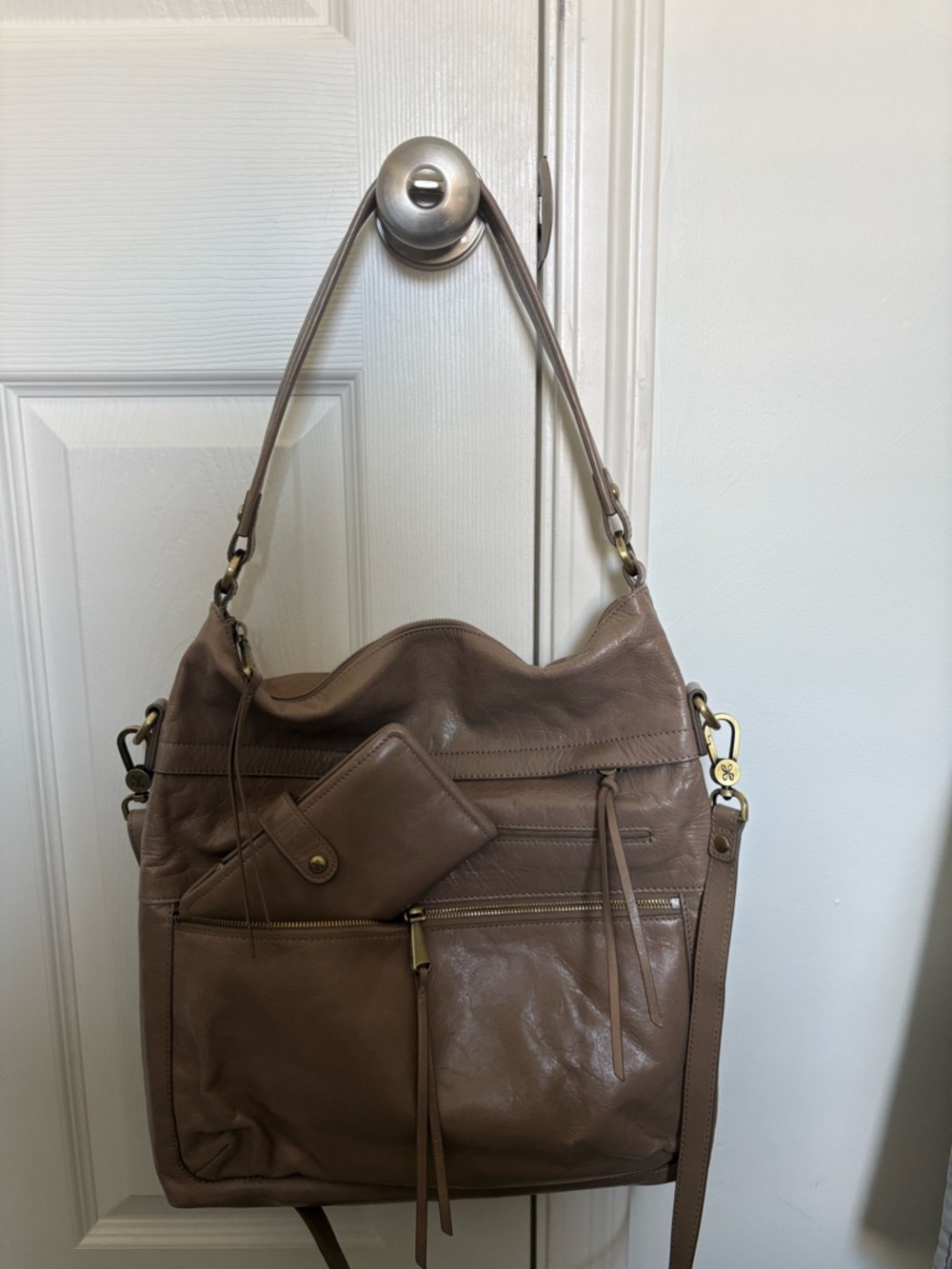 Leather Hobo Shoulder Bag in Taupe